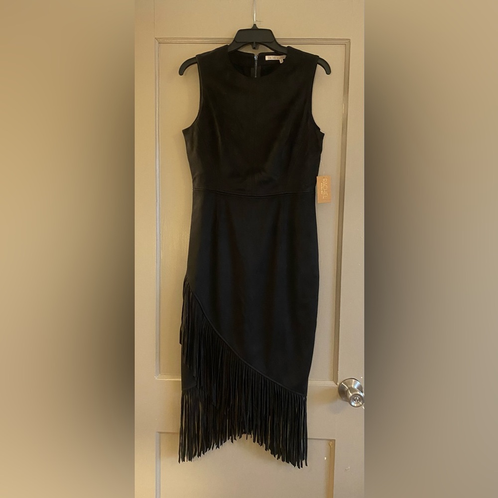 RACHEL Roy black criss cross faux suede fringe party dress